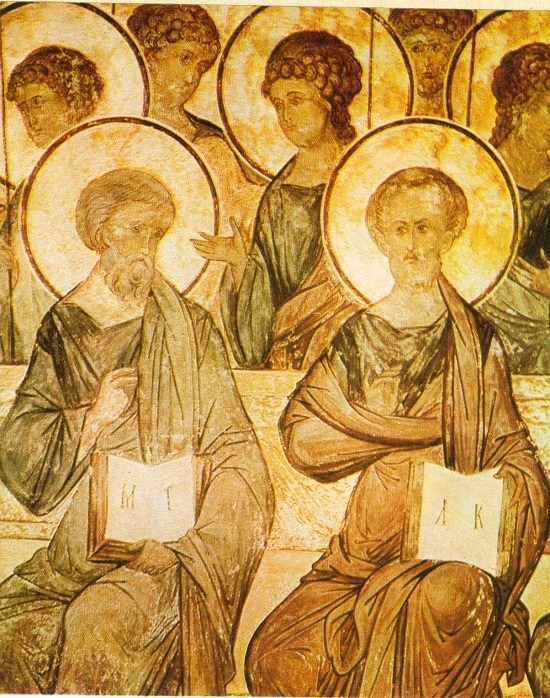 Апостолите Матей и Лука. Фреска (детайл). 1408 г. Успенски събор, Владимир. 8_matei_luka.jpg